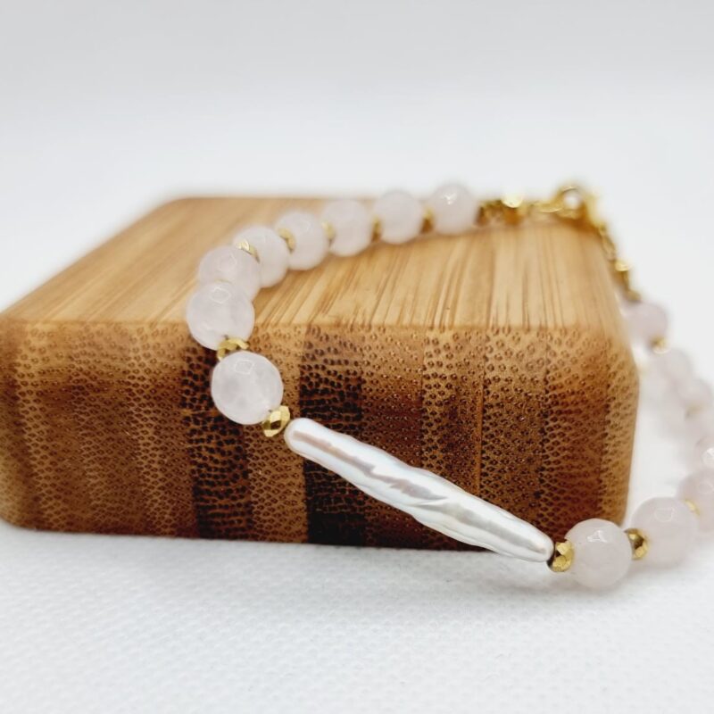 Bransoletka kwarc różowy z perłą